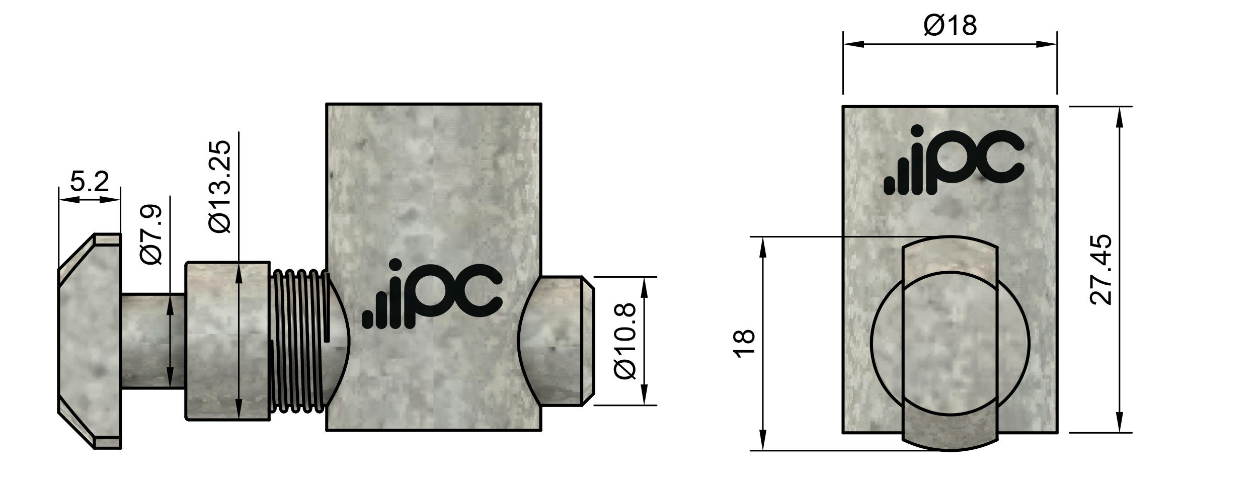 Dimensões do conector fresado vertical