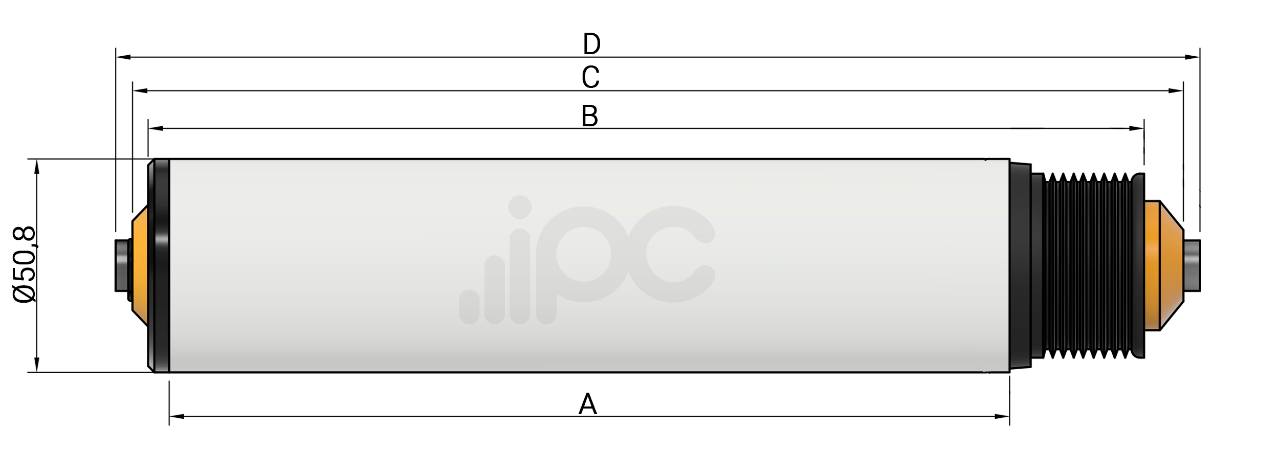 Desenho com medidas ABC do rolete de PVC com polia Poly Vee