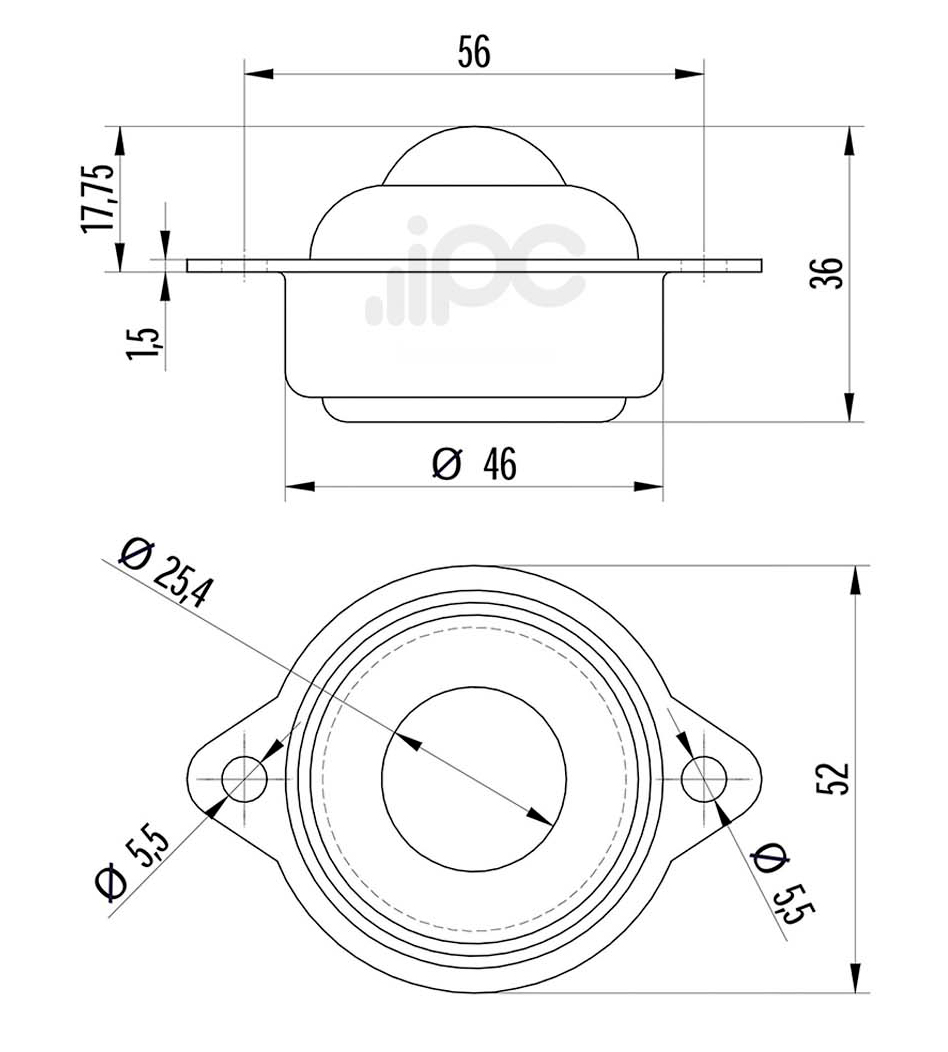 Desenho com medidas da esfera 443 com capacidade de carga para 50 quilos