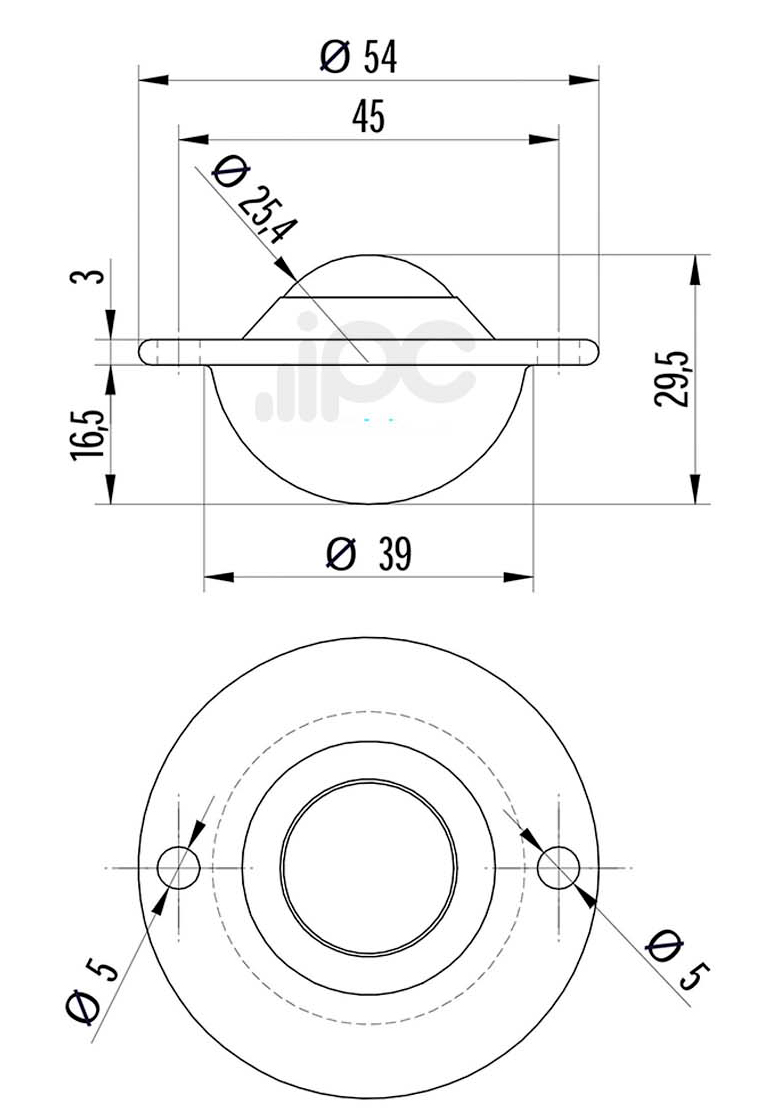 Desenho com medidas da esfera 444 com capacidade de carga para 35 quilos