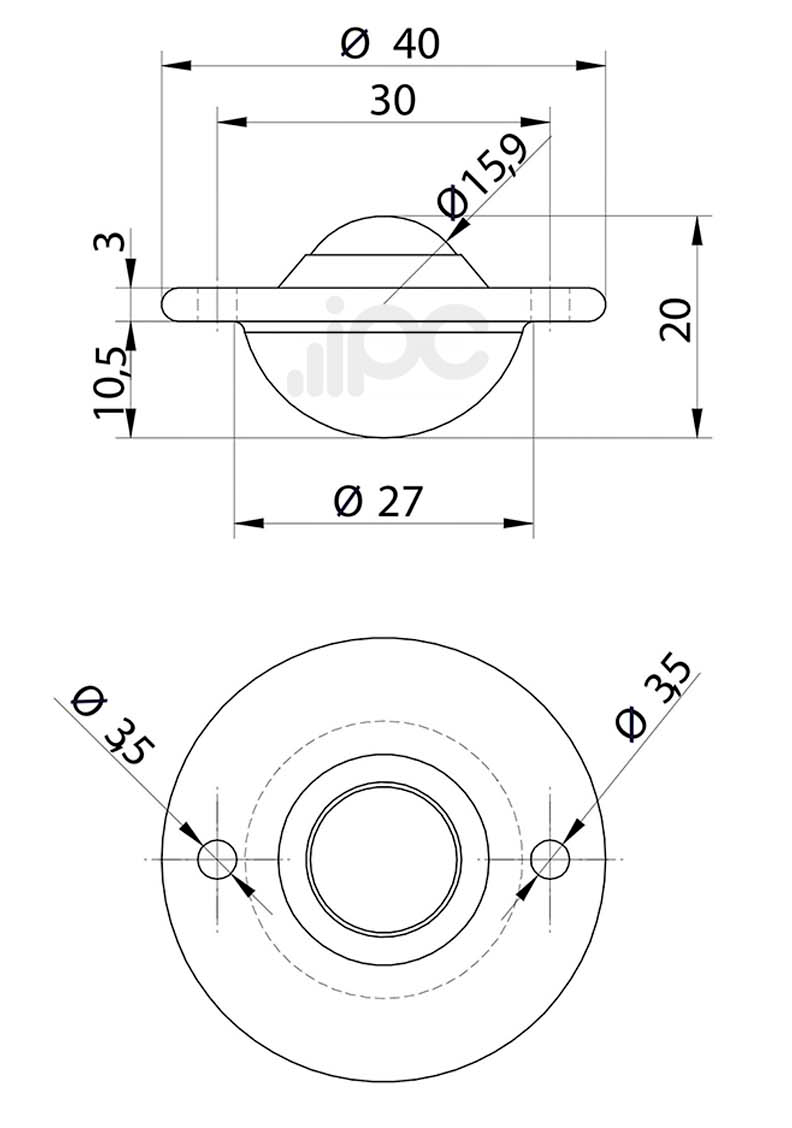 Desenho com medidas da esfera 445 com capacidade de carga para 20 quilos