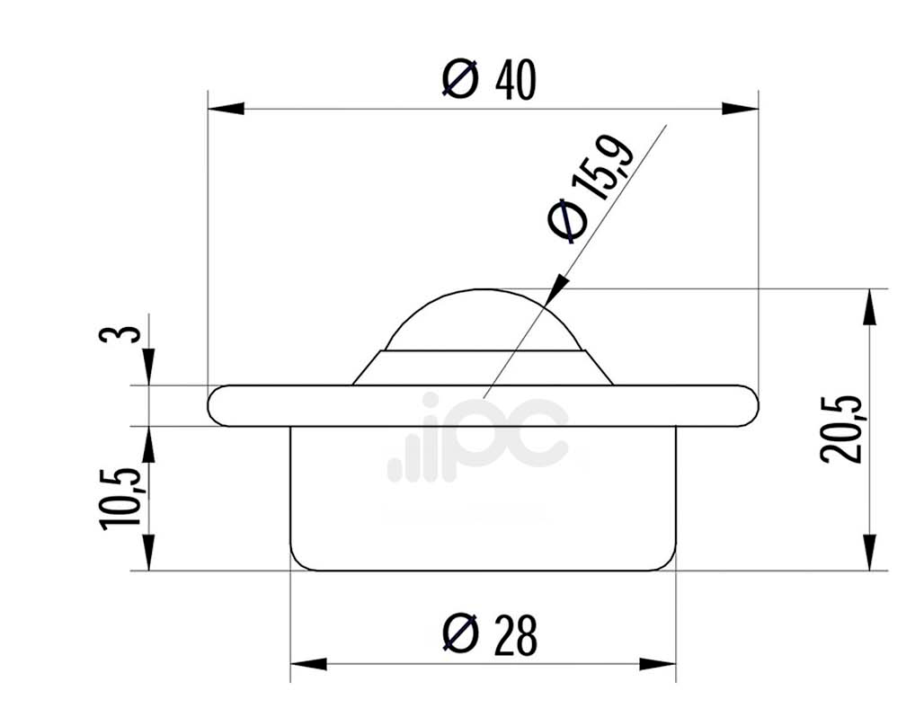 Desenho com medidas da esfera 446 com capacidade de carga para 20 quilos