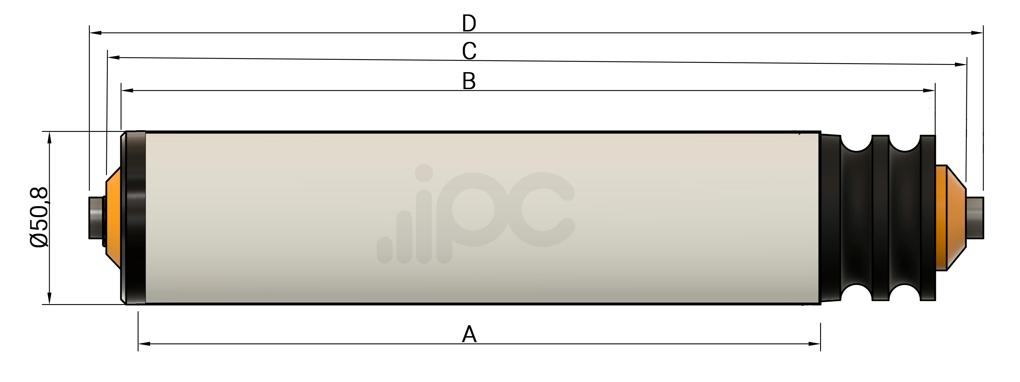 Desenho com medidas ABC do rolete de PVC com 2 canais Poly Cord