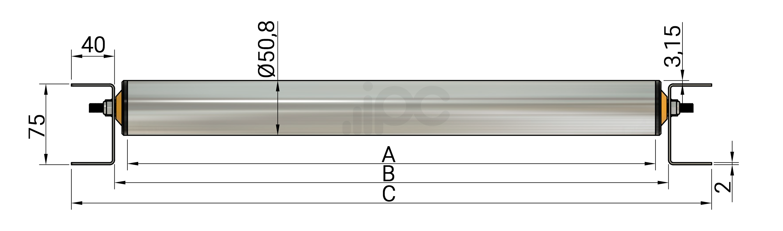 Desenho com medidas ABC da pista com roletes de aço e comprimento de 1 metro