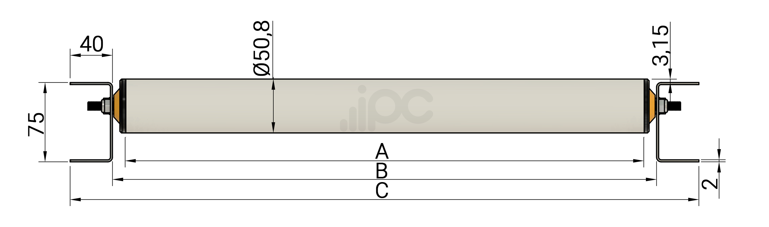Desenho com medidas ABC da pista com roletes de PVC e comprimento de 2,50 metros