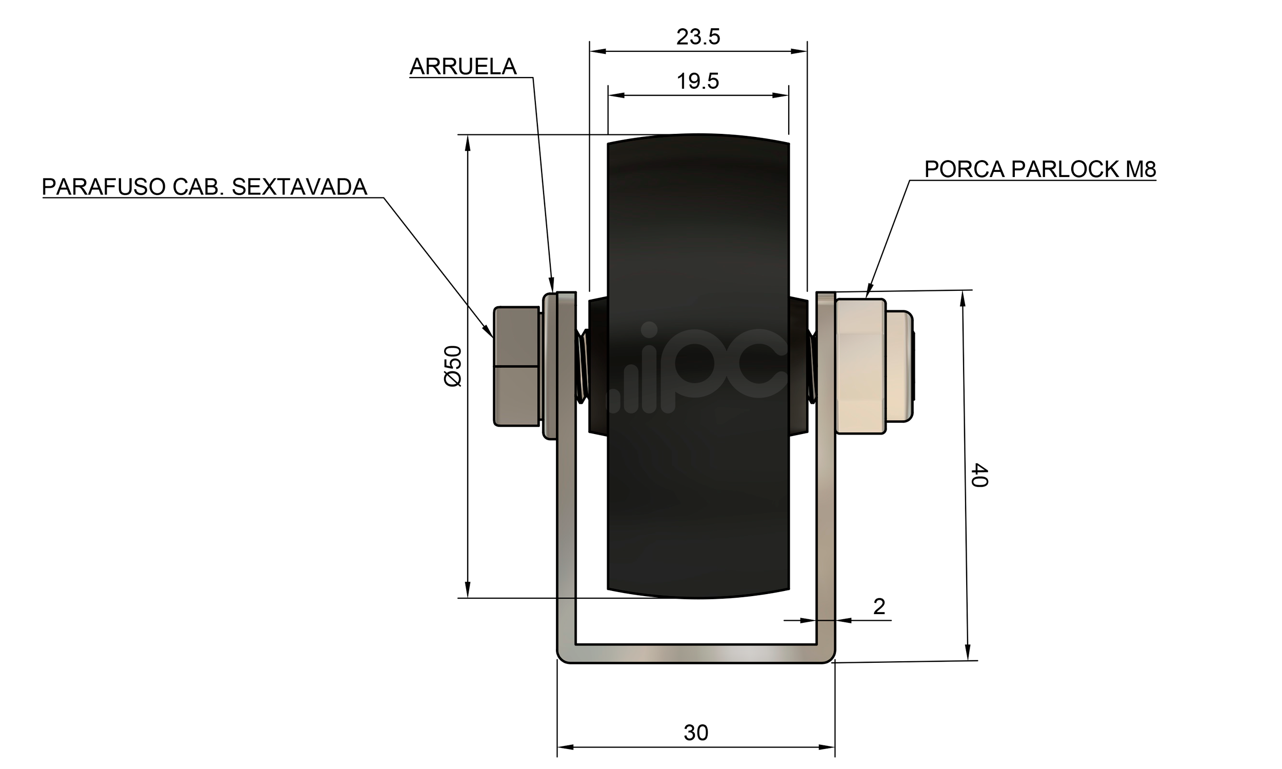 Dimensões do trilho roletado flow rack para 200 kgf e rodízios de nylon