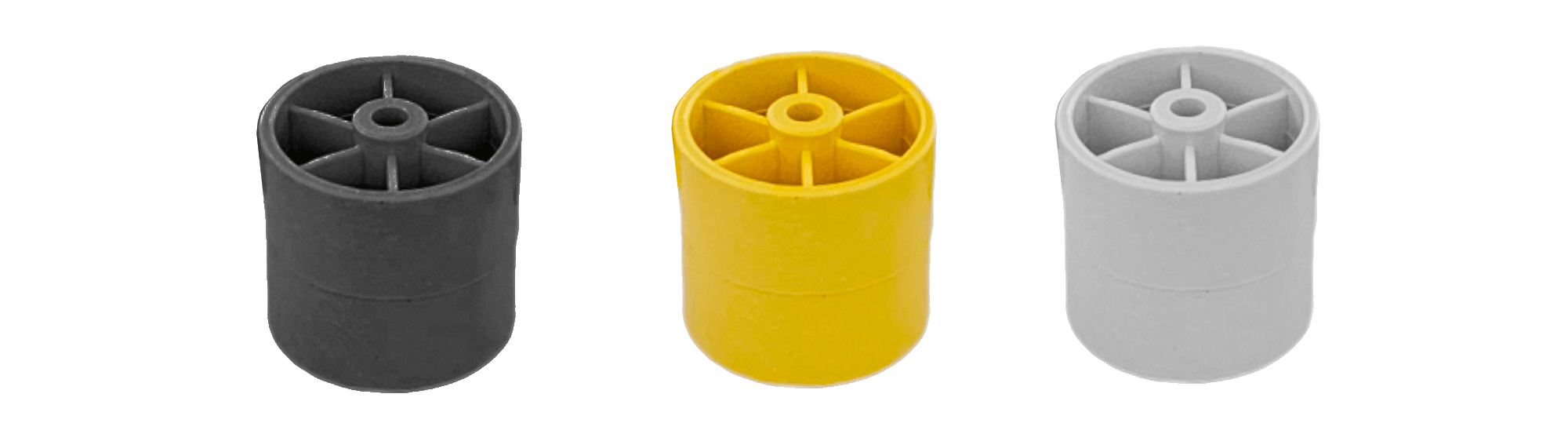 Rodizios pretos, brancos e amarelos para trilhos roletados flow rack de 45kgf
