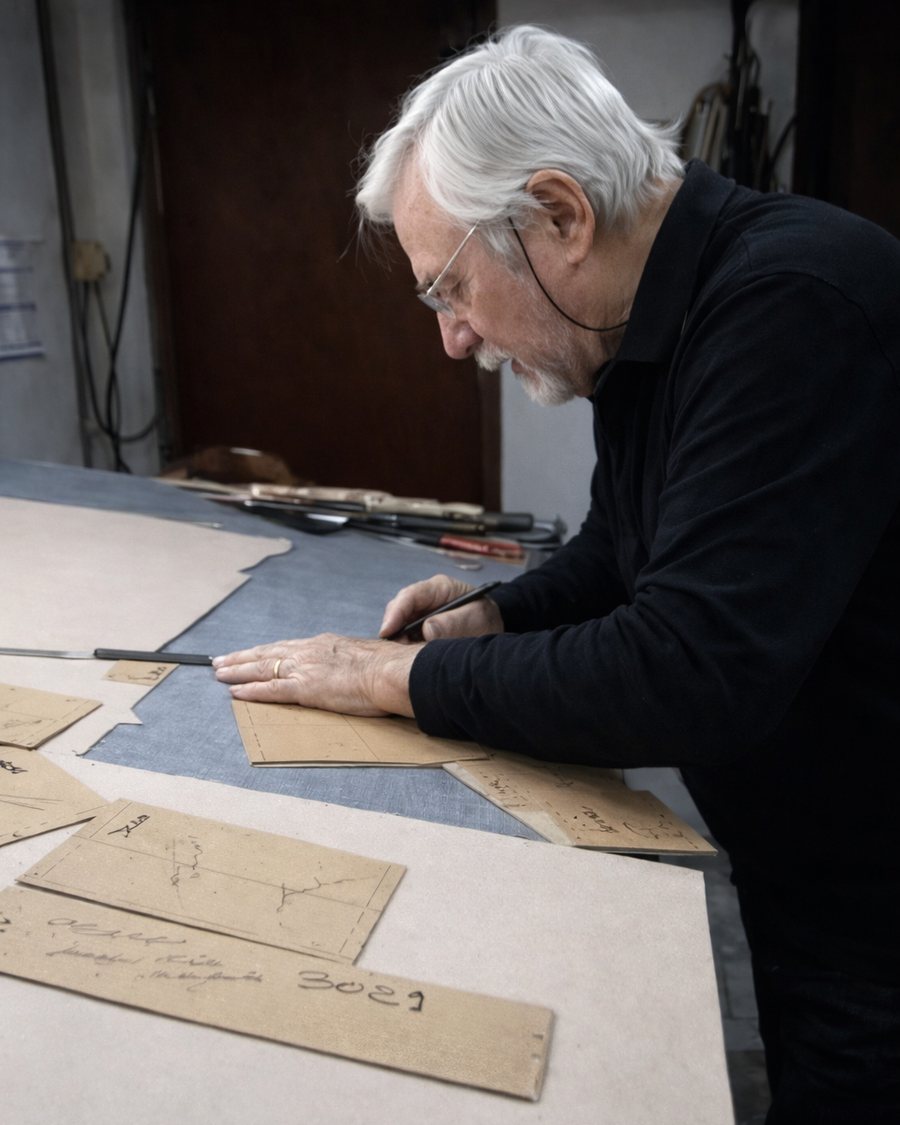 El abuelo Arturo marcando moldes en el taller de Kacuá