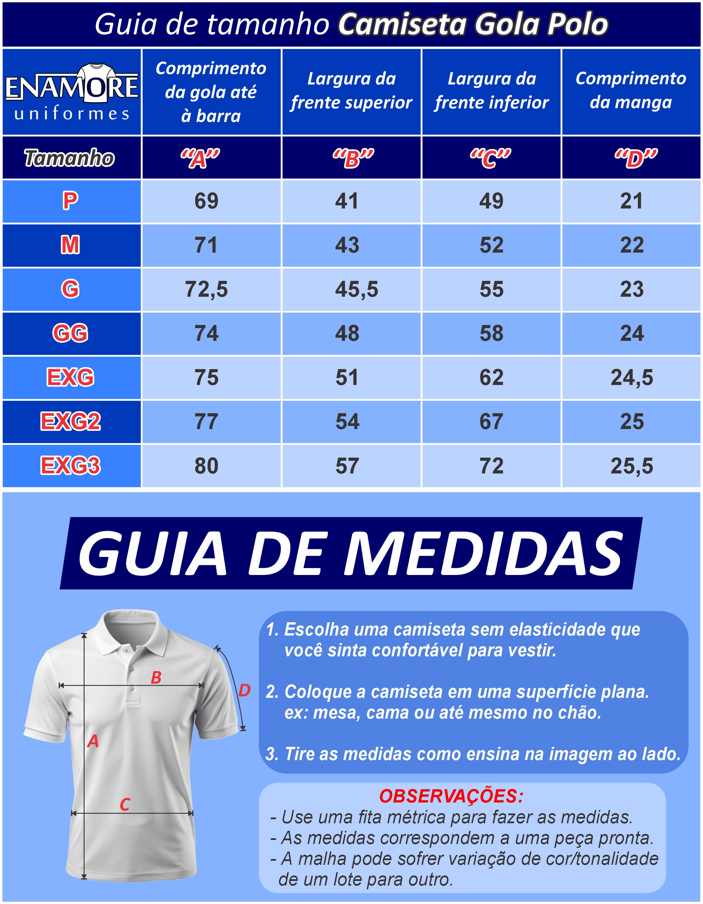 Guia de tamanho Camiseta Gola Polo