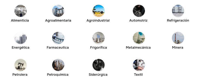 Industrias: - Alimenticia - Agroalimentaria - Agroindustrial - Automotriz - De Refrigeración - Energética - Farmaceútica - Frigorífica - Metalmecánica - Minera - Petrolera - Petroquímica - Siderúrgica - Textil
