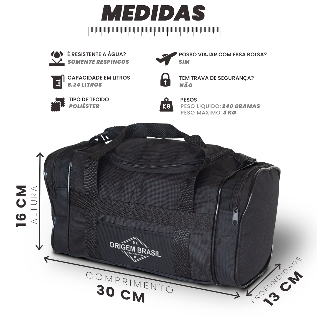 Bolsa pequena de poliéster 6,24L, leve (240g), resistente a respingos, ideal para viagens, com 30x16x13 cm e capacidade até 3kg.