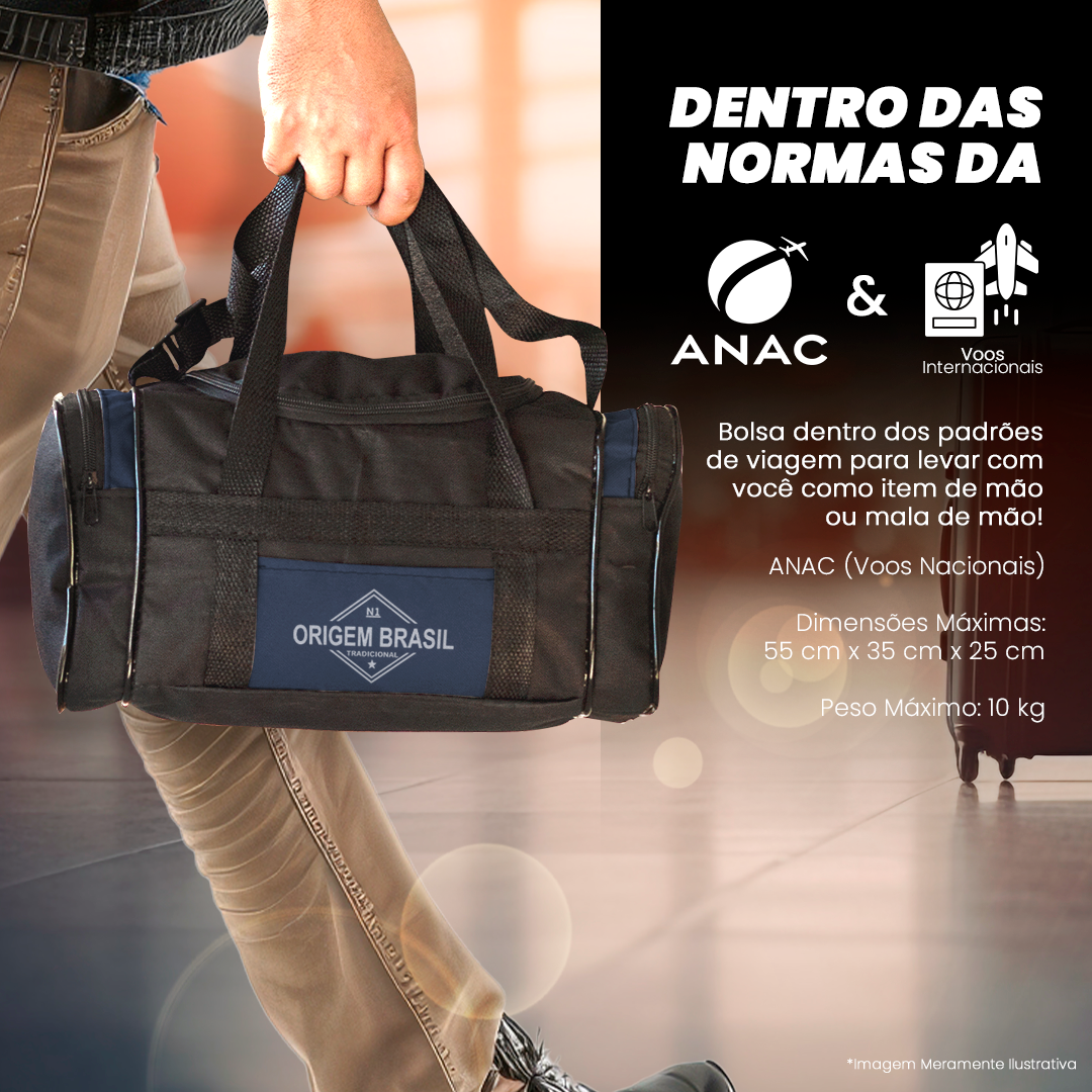 Bolsa de mão dentro das normas ANAC e voos internacionais, leve e compacta, ideal para viagens, com até 10kg e medidas permitidas.