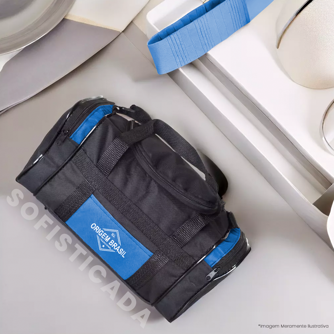 Bolsa sofisticada e compacta, ideal para viagens e uso diário, com design moderno, acabamento em poliéster e detalhes em azul vibrante.