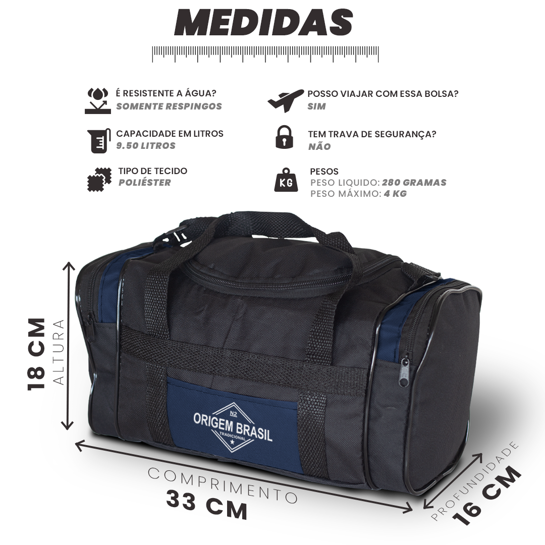 Bolsa Origem Brasil 9,5L em poliéster, resistente a respingos, leve (280g) e compacta (33x18x16cm), ideal para viagens e uso diário.