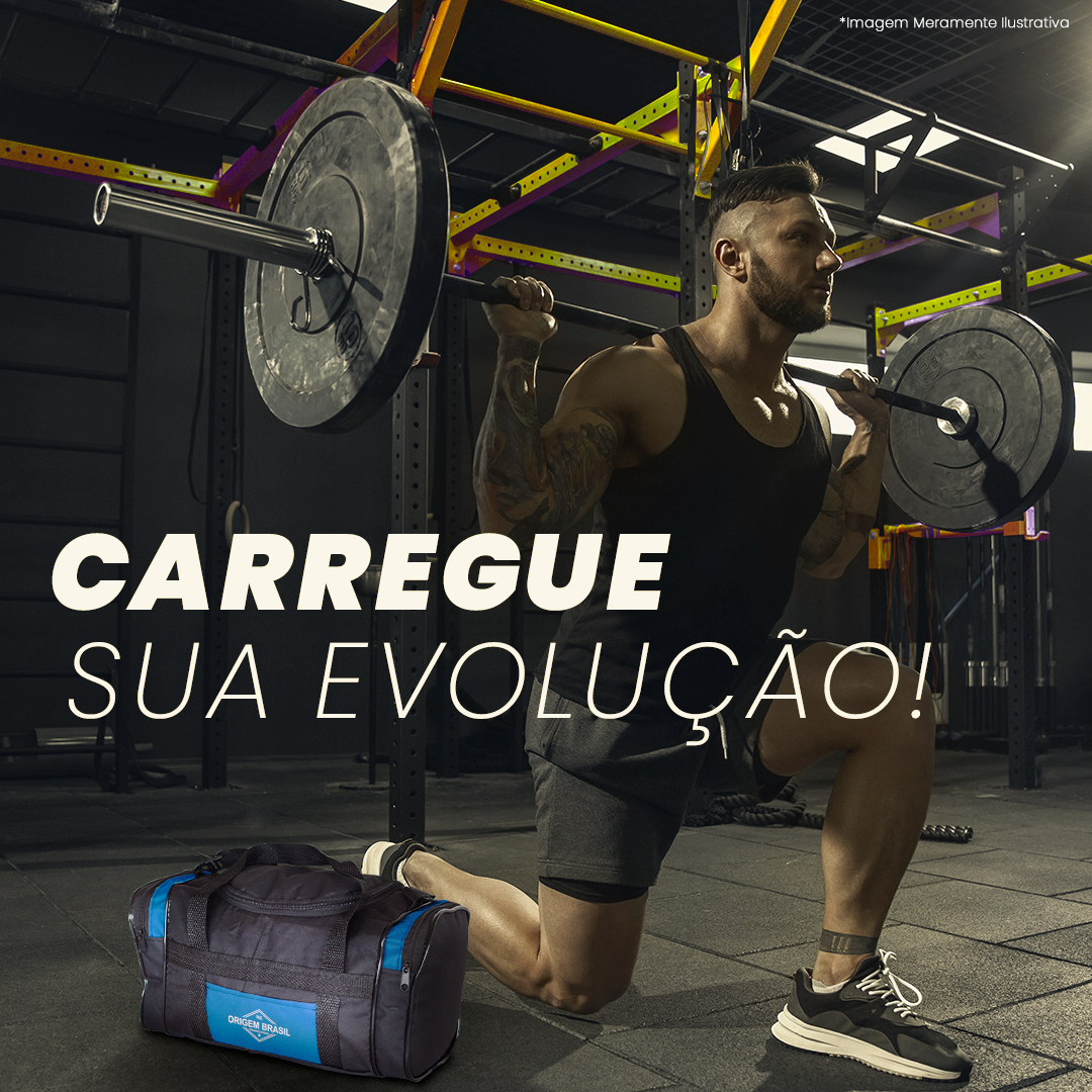 Bolsa esportiva Origem Brasil com detalhes azuis, ideal para academia, resistente e funcional para acompanhar seu treino e evolução.