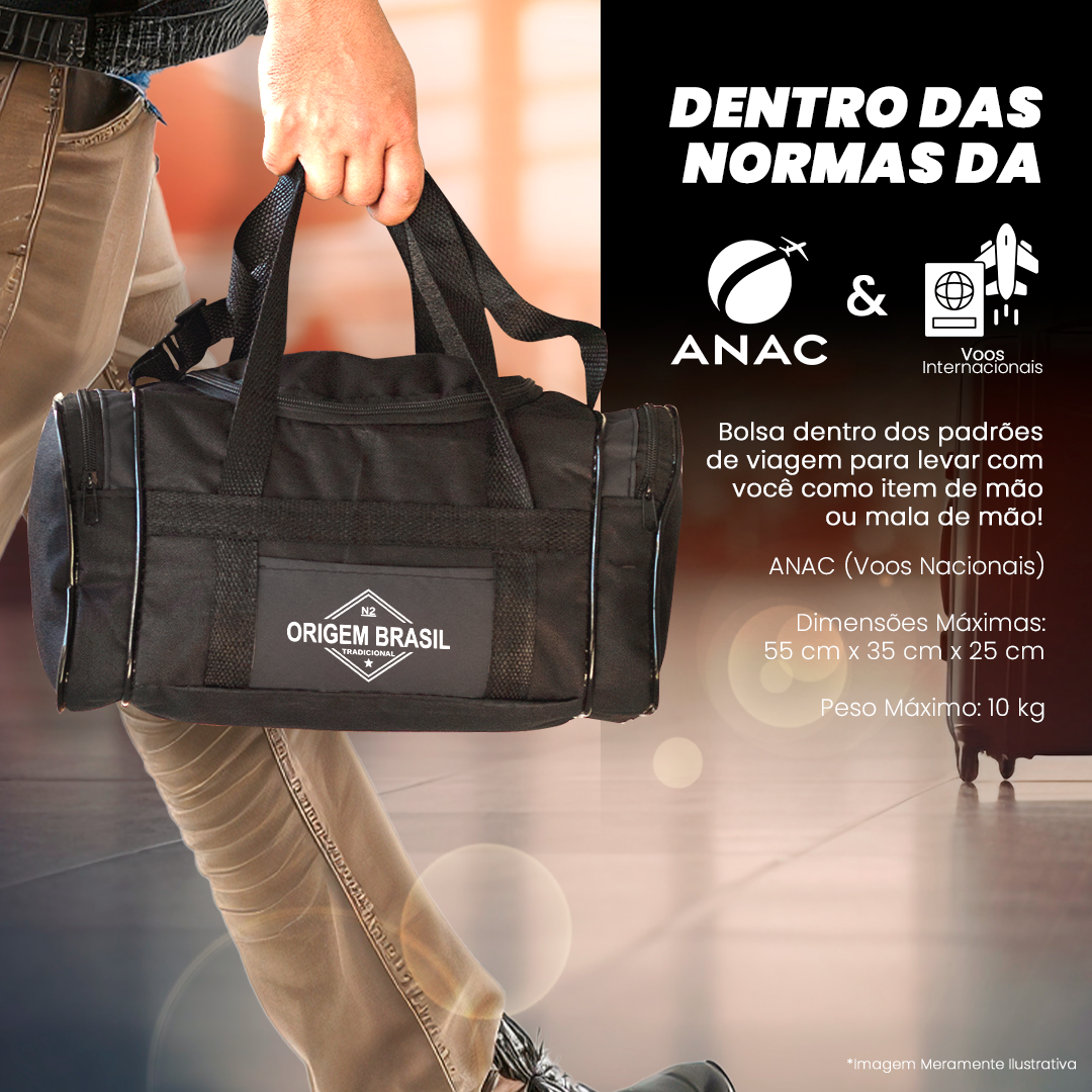 Bolsa Origem Brasil dentro das normas da ANAC e voos internacionais, ideal como bagagem de mão, resistente e compacta para viagens.
