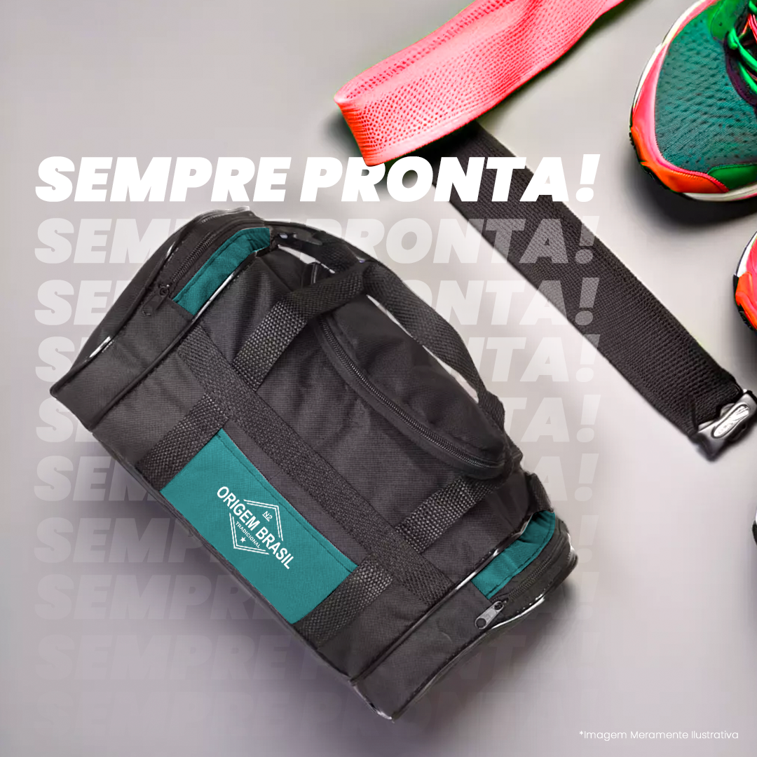 Bolsa esportiva Origem Brasil preta com detalhes verdes, prática e resistente, ideal para academia, viagens e uso diário.