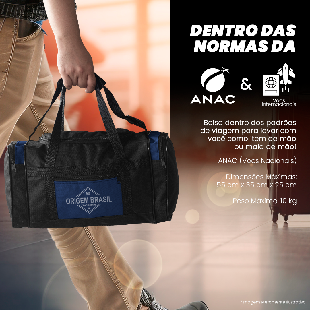 Bolsa Origem Brasil azul dentro das normas da ANAC e voos internacionais, ideal como bagagem de mão, resistente e prática para viagens.