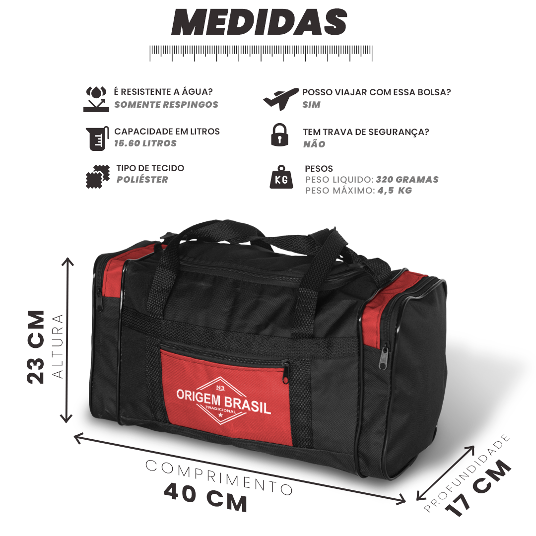 Bolsa Origem Brasil 15,6L em poliéster, resistente a respingos, leve (320g) e espaçosa (40x23x17cm), ideal para viagens e academia.