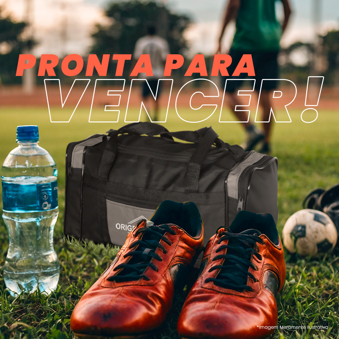Bolsa esportiva Origem Brasil preta com detalhes cinza, resistente e prática, perfeita para futebol, academia e uso esportivo diário.