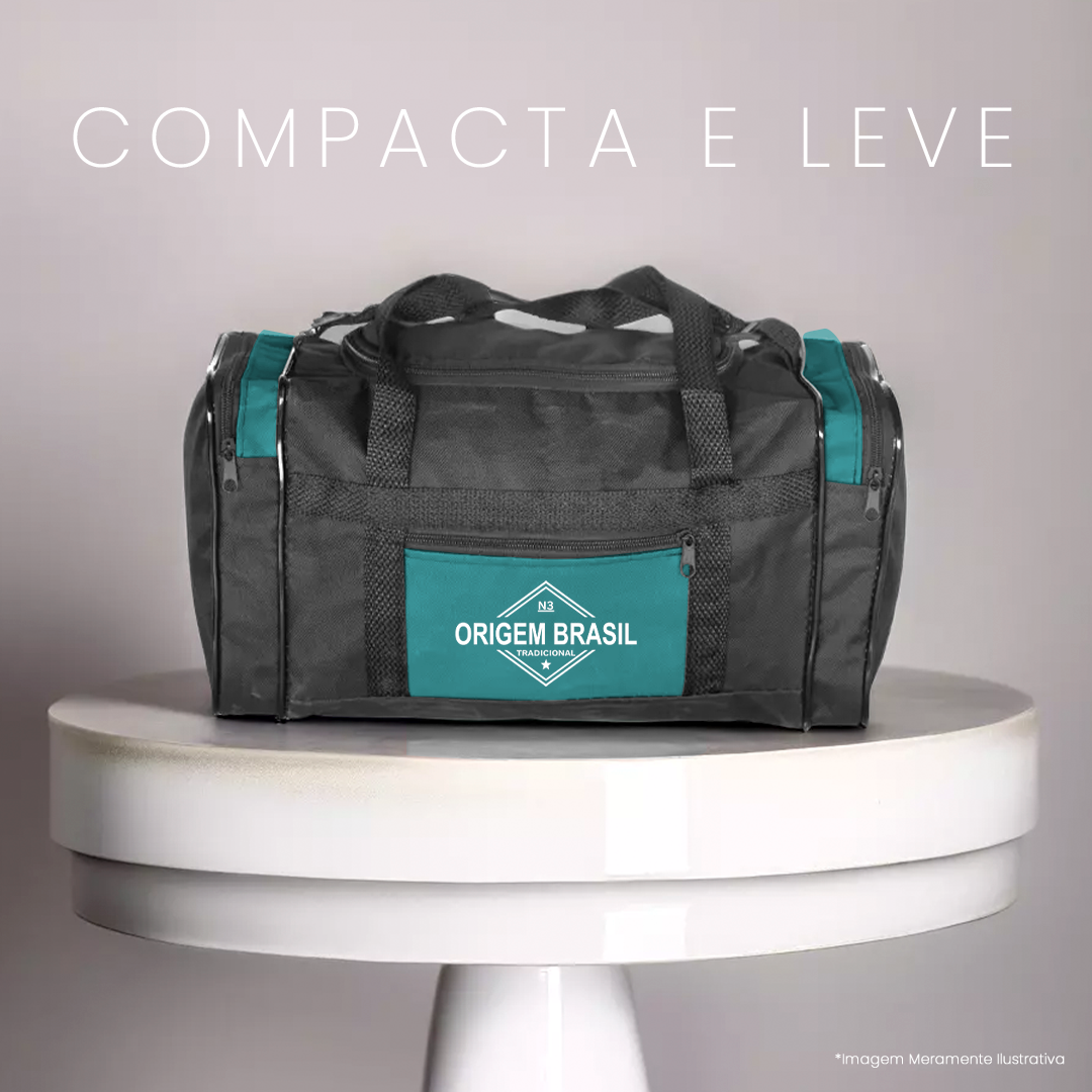 Bolsa esportiva Origem Brasil preta com detalhes verdes, compacta, leve e resistente, perfeita para viagens e uso diário.