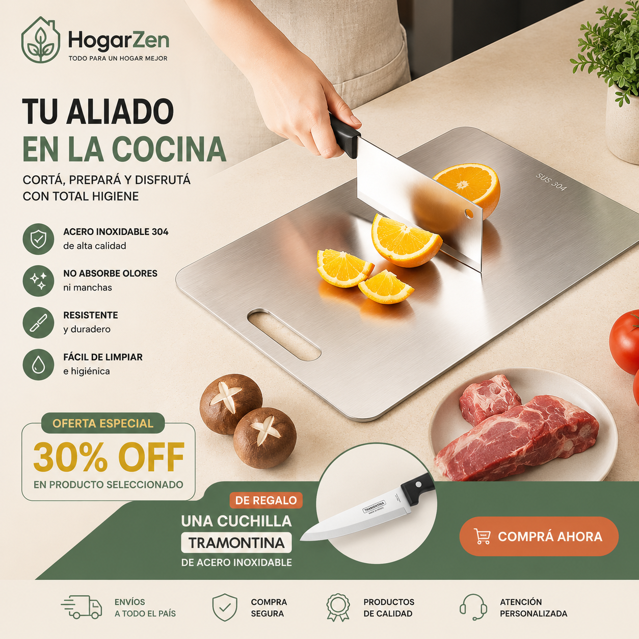 Tabla de acero inoxidable sobre mesada de cocina