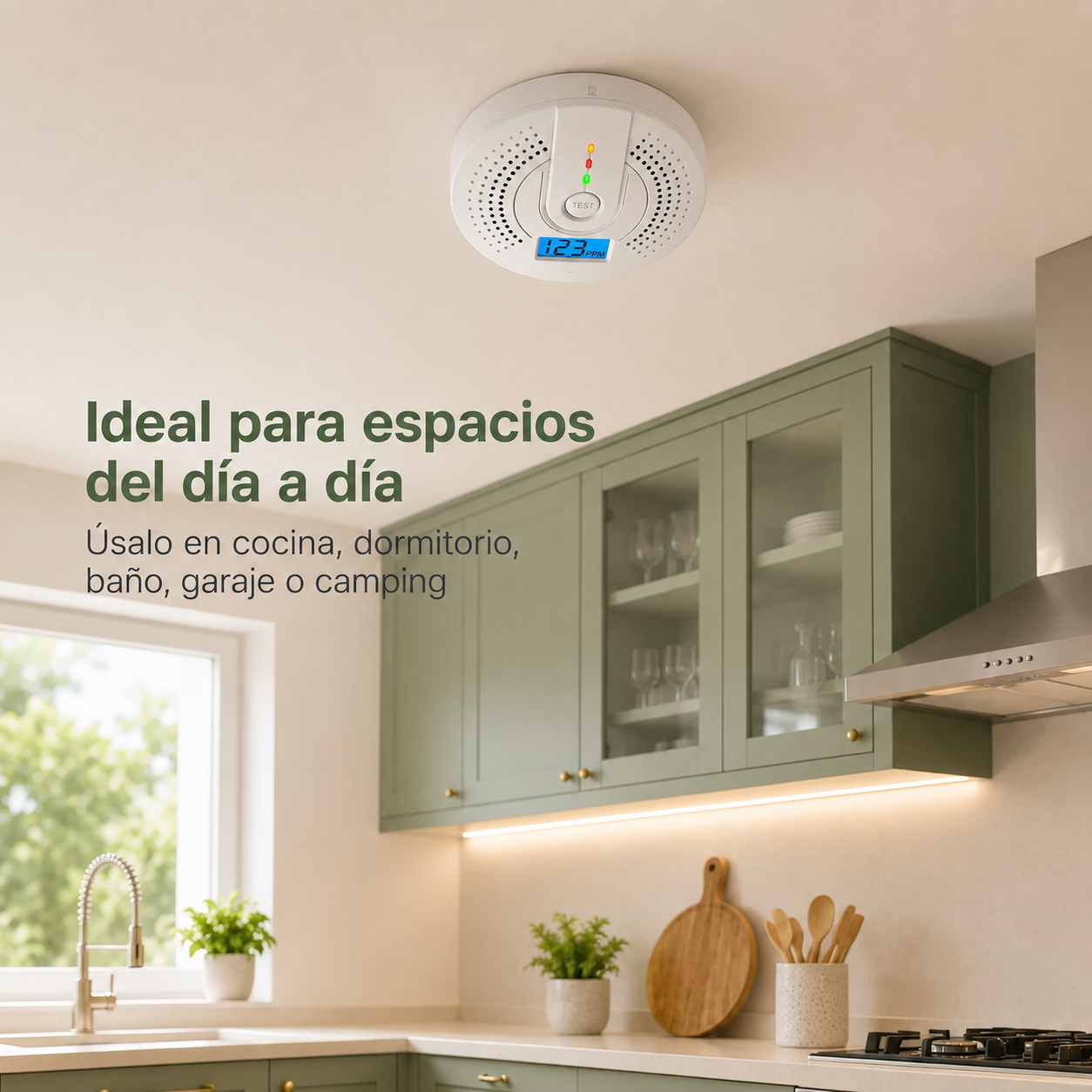 Detector de mon&oacute;xido de carbono HogarZen en pared del living