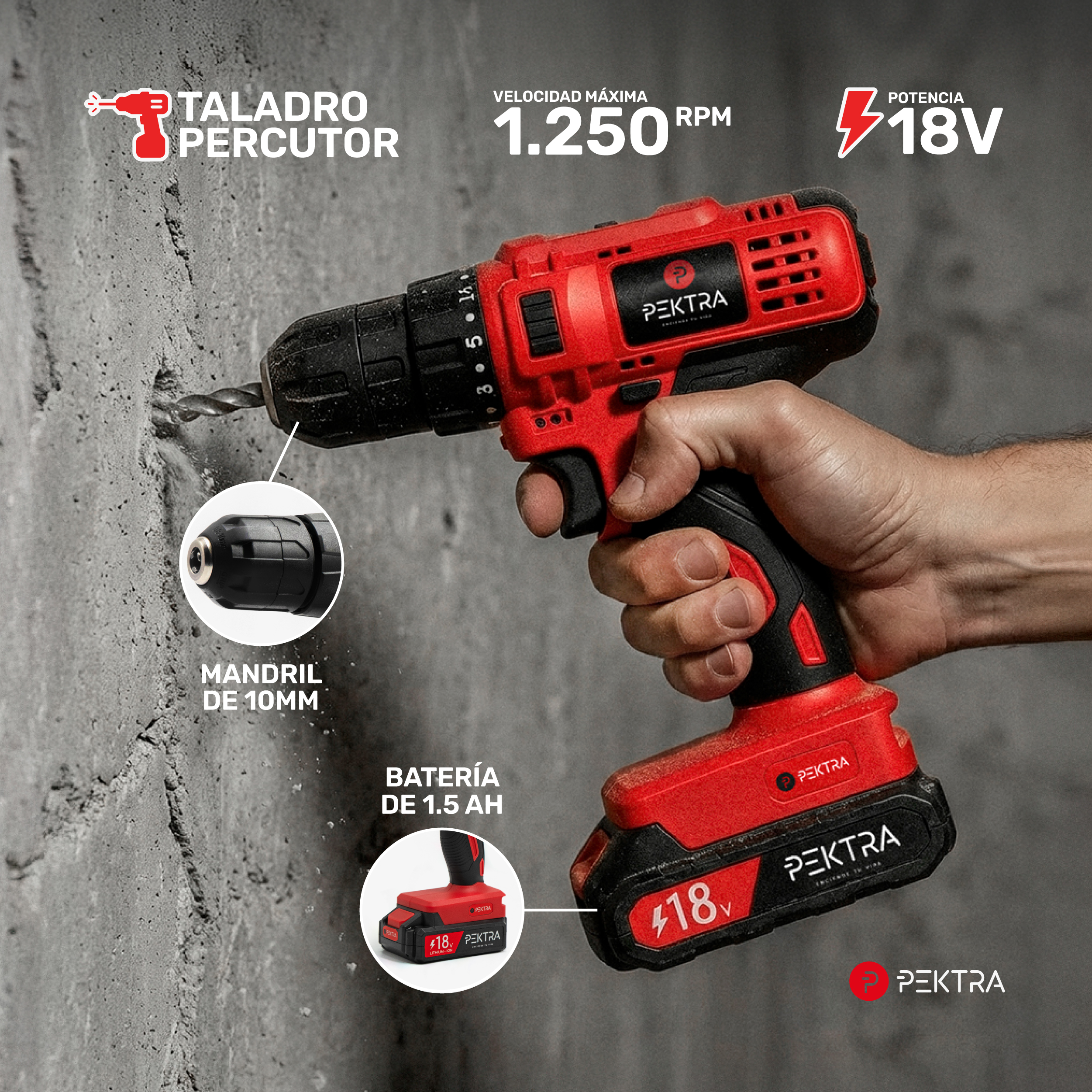 Taladro Inal&aacute;mbrico Percutor PEKTRA 18V