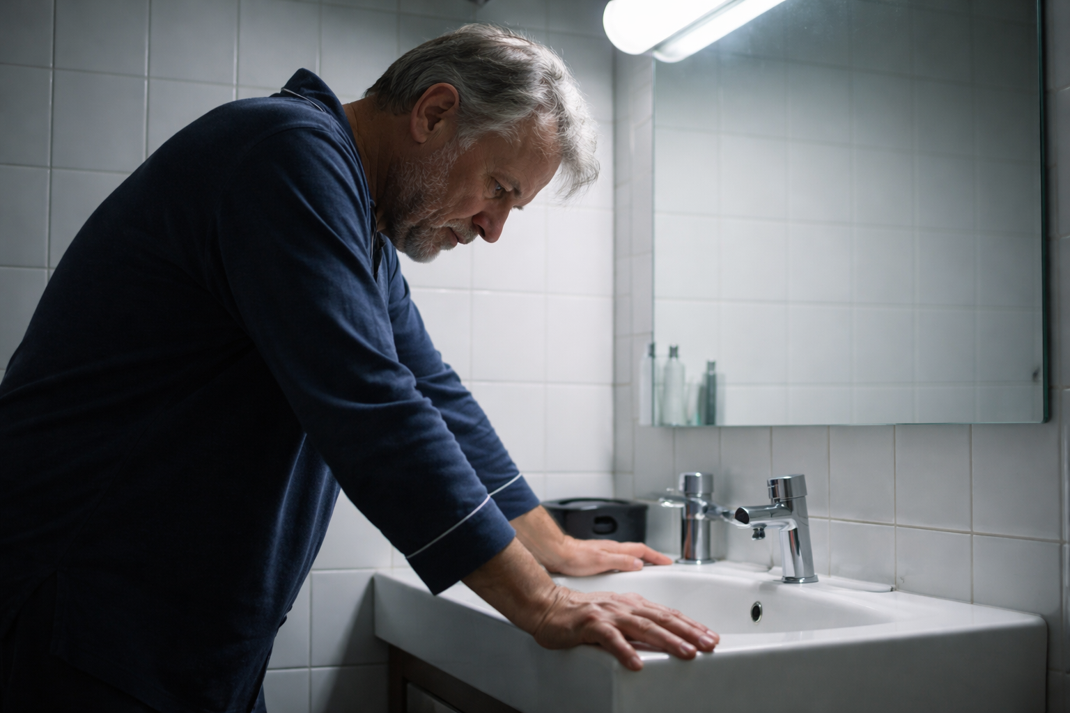 Hombre en ba&ntilde;o de noche flujo debil