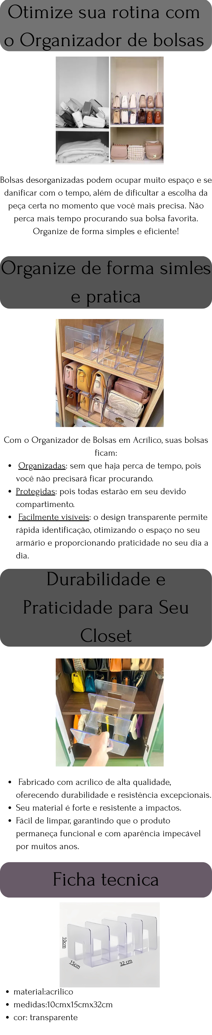 Organizador de bolsas em acrílico