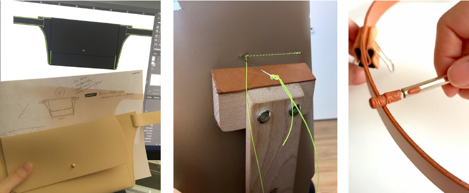 Designer mostrando protótipo, esboço e desenho técnico.