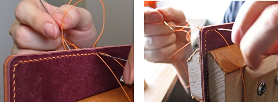 Artesã costurando uma carteira em saddle stitch.