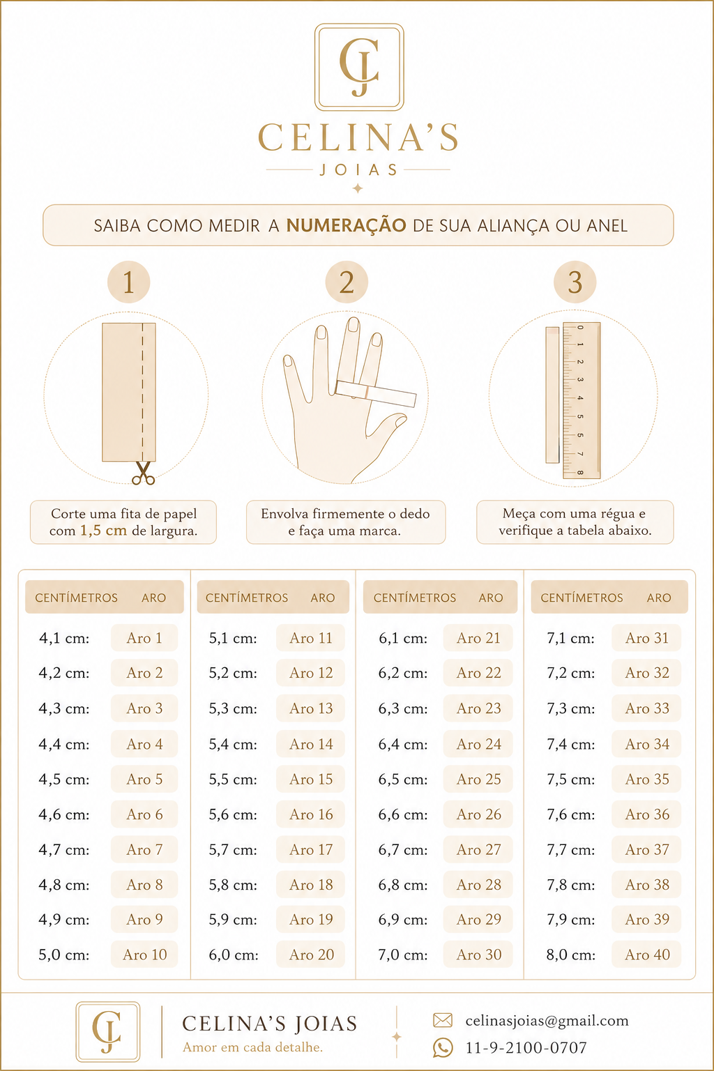 Guia de medidas para Anéis e Alianças