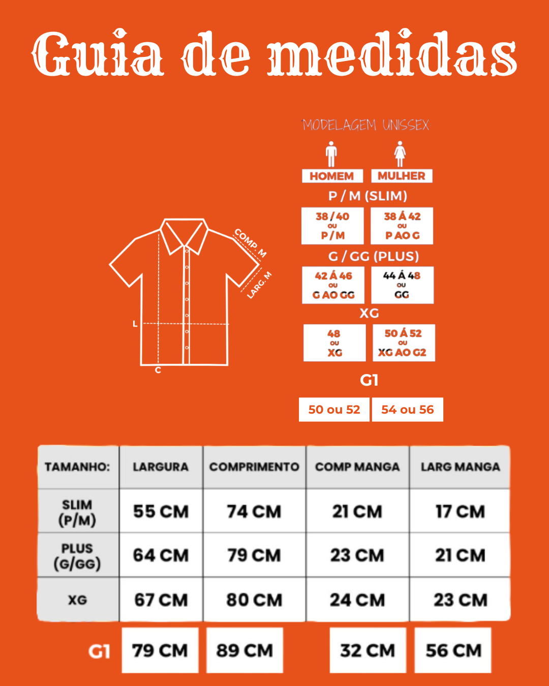 Guia de medidas das camisas