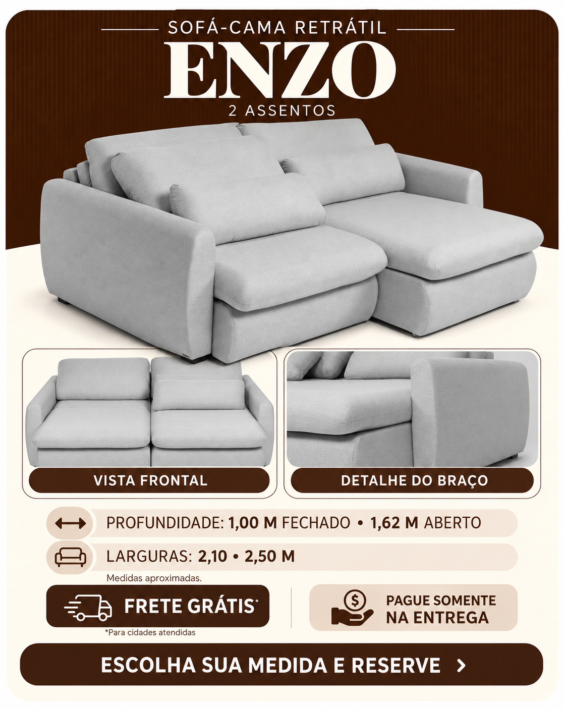 Sofá-cama Enzo em linho claro, com vista frontal e detalhe do braço