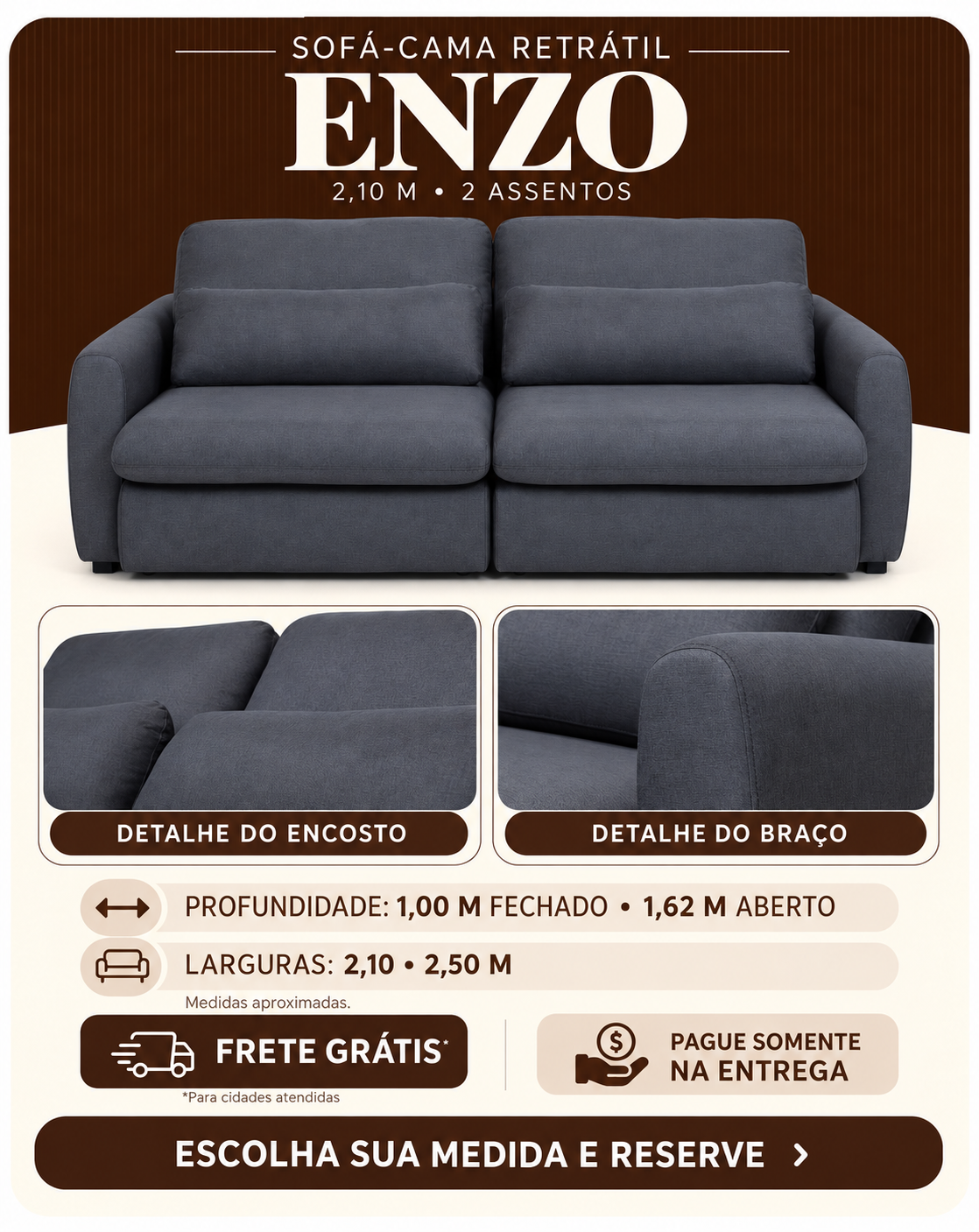 Sofá-cama Enzo cinza de dois assentos, com detalhes do encosto e do braço
