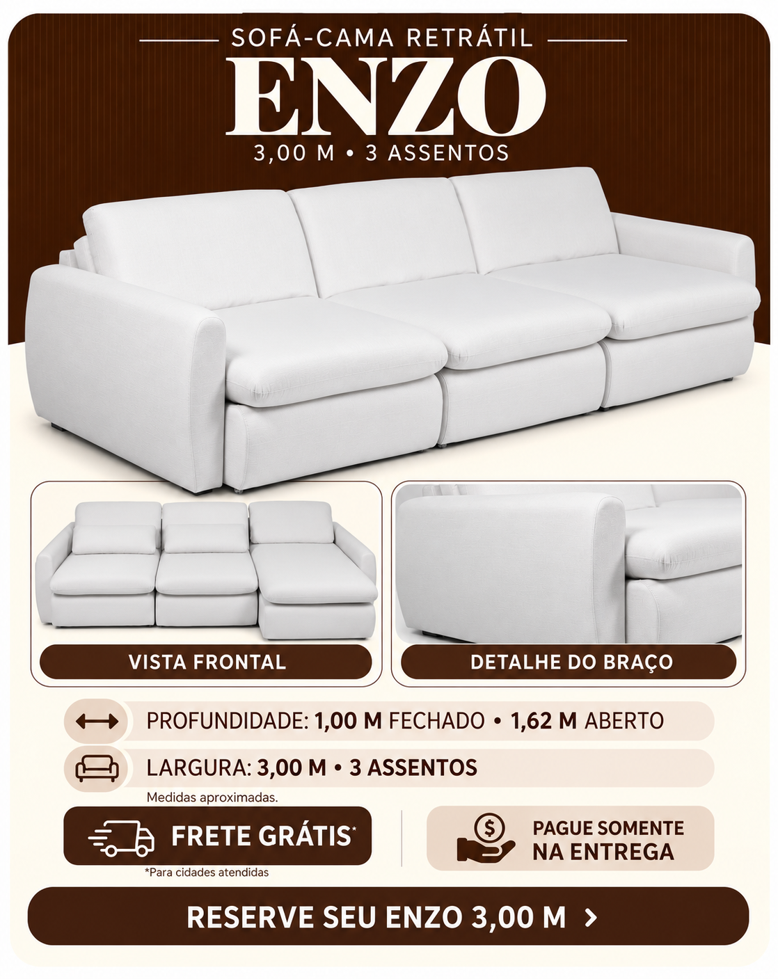 Sof&aacute;-cama Enzo claro de 3 metros e 3 assentos, com vista frontal e detalhe do bra&ccedil;o