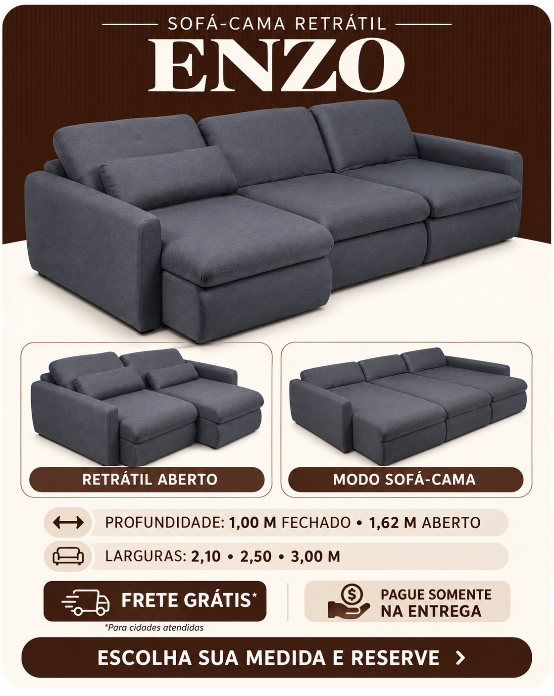 Sof&aacute;-Cama Enzo em linho cinza, com posi&ccedil;&otilde;es de uso e medidas