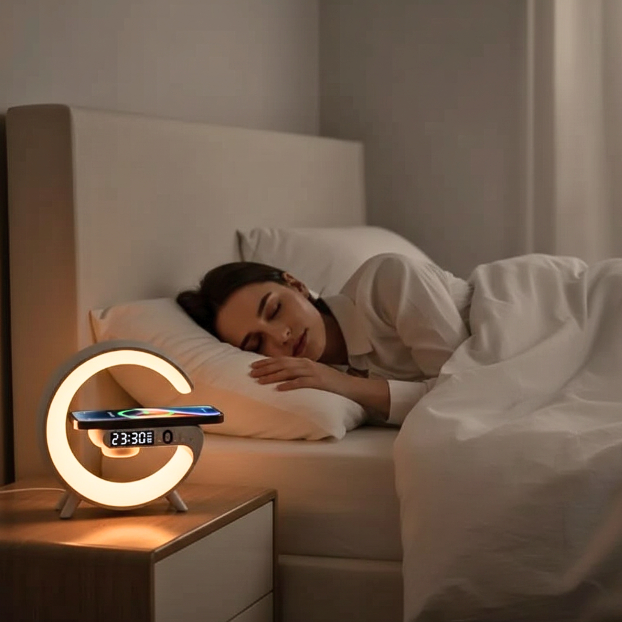 Lámpara Aura G en un dormitorio moderno, cargando un celular de forma inalámbrica.