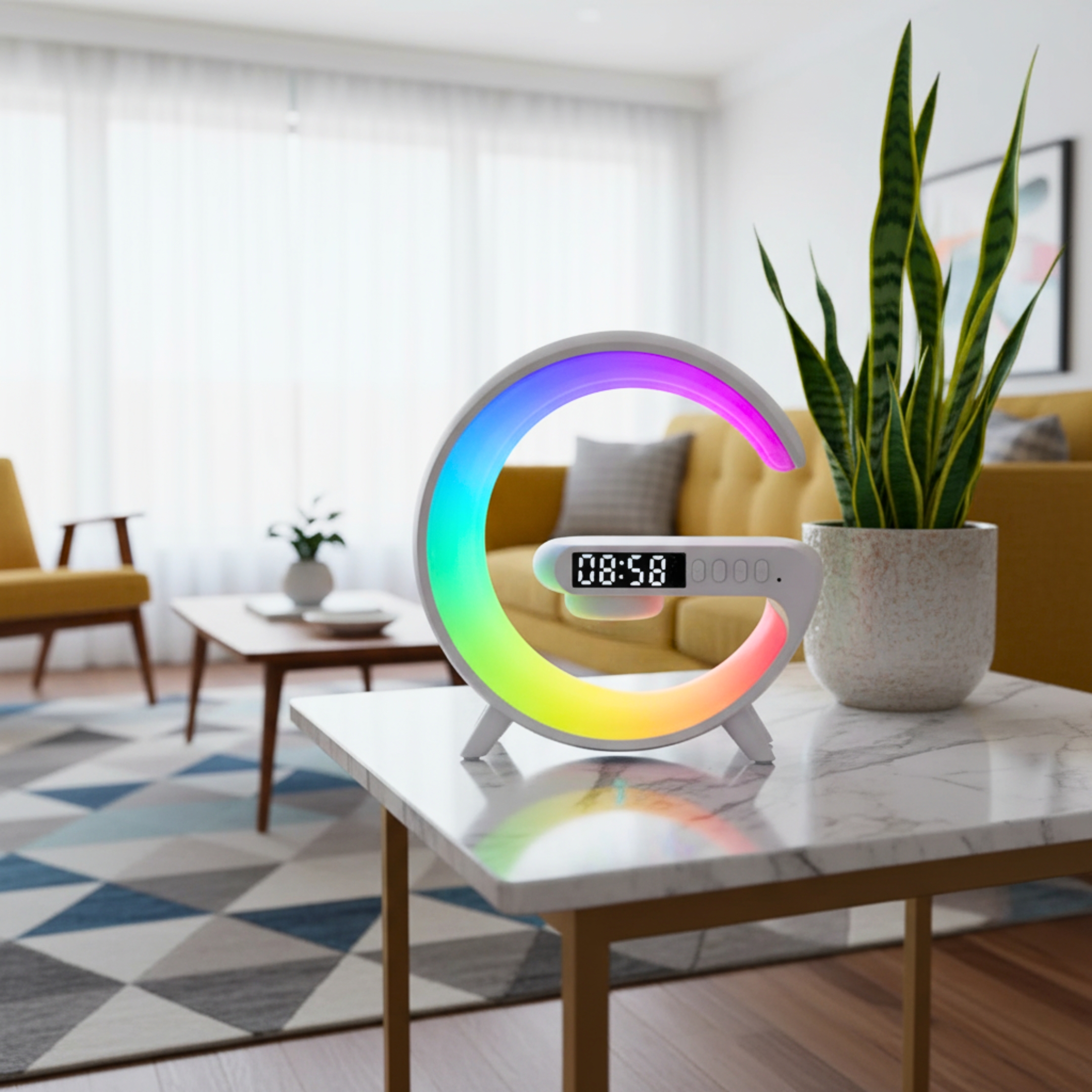 Lámpara Aura G creando un ambiente vibrante con luces de colores y música.