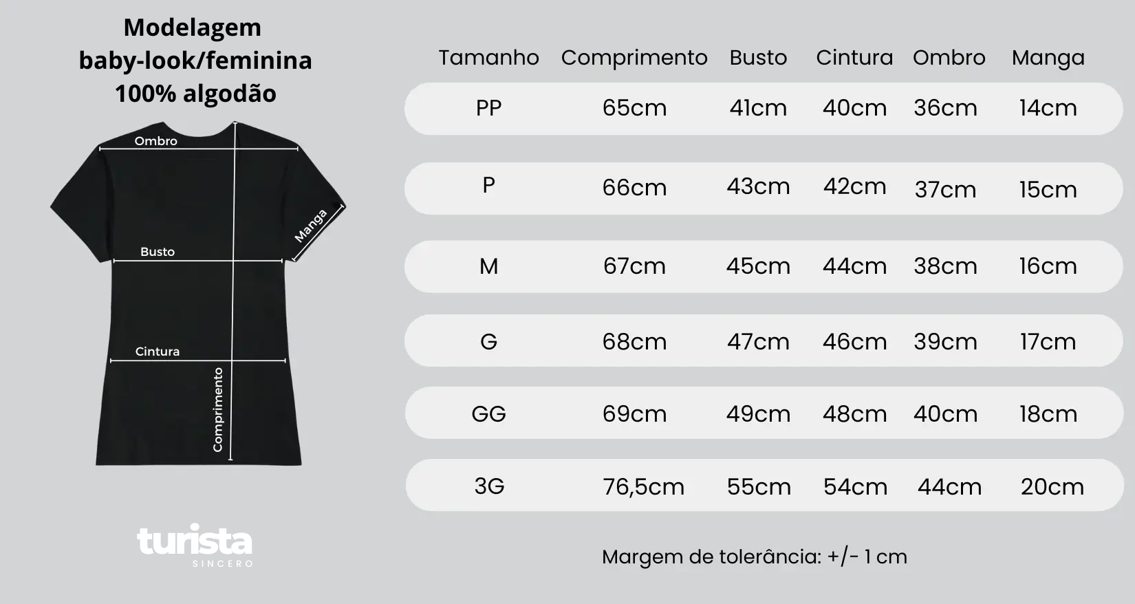 Tabela de medidas da camiseta 100% algodão baby-look, feminina loja O Turista Sincero.