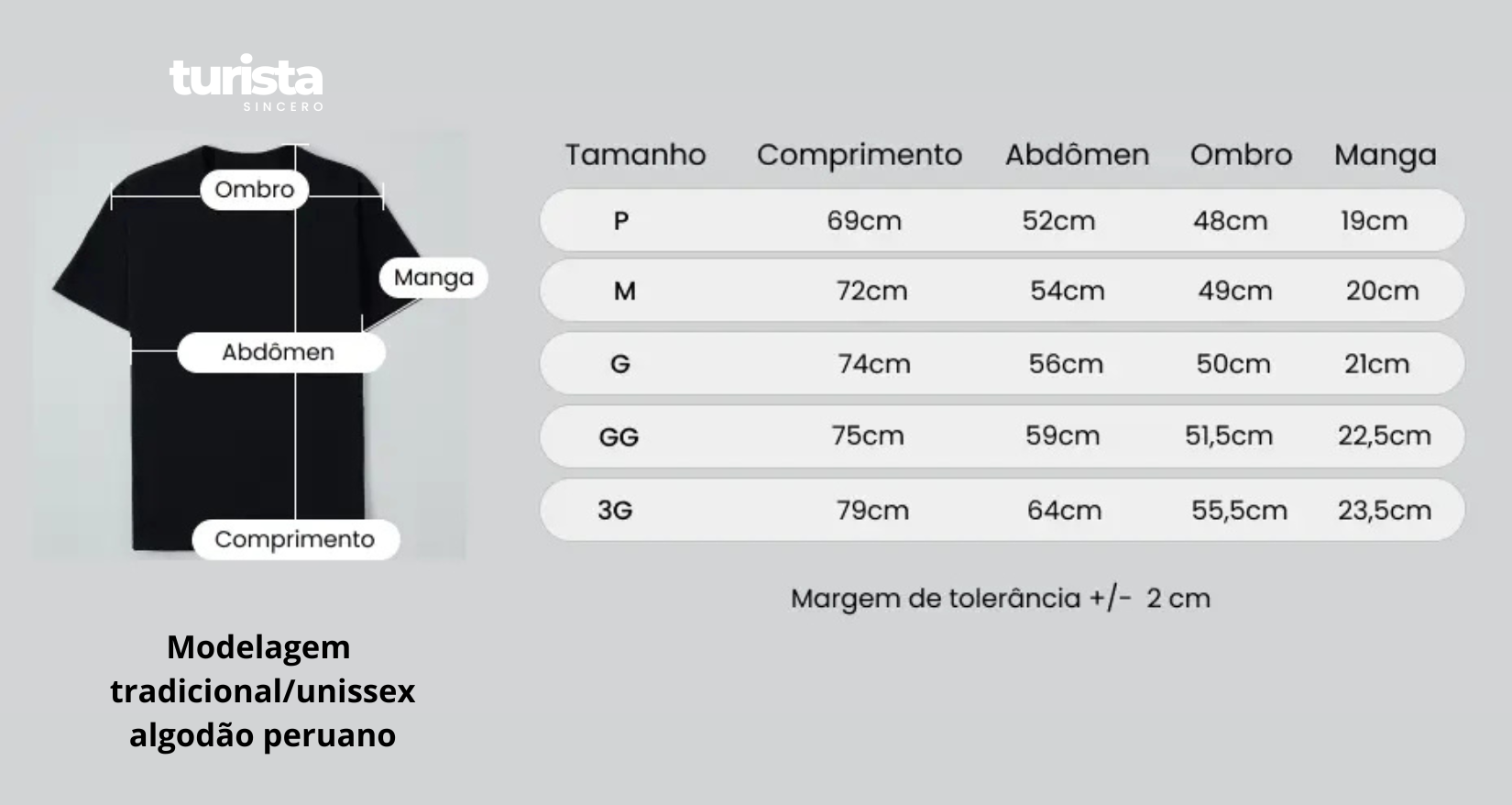 Tabela de medidas da camiseta tradicional ou unissex em algodãpo peruano O Turista Sincero