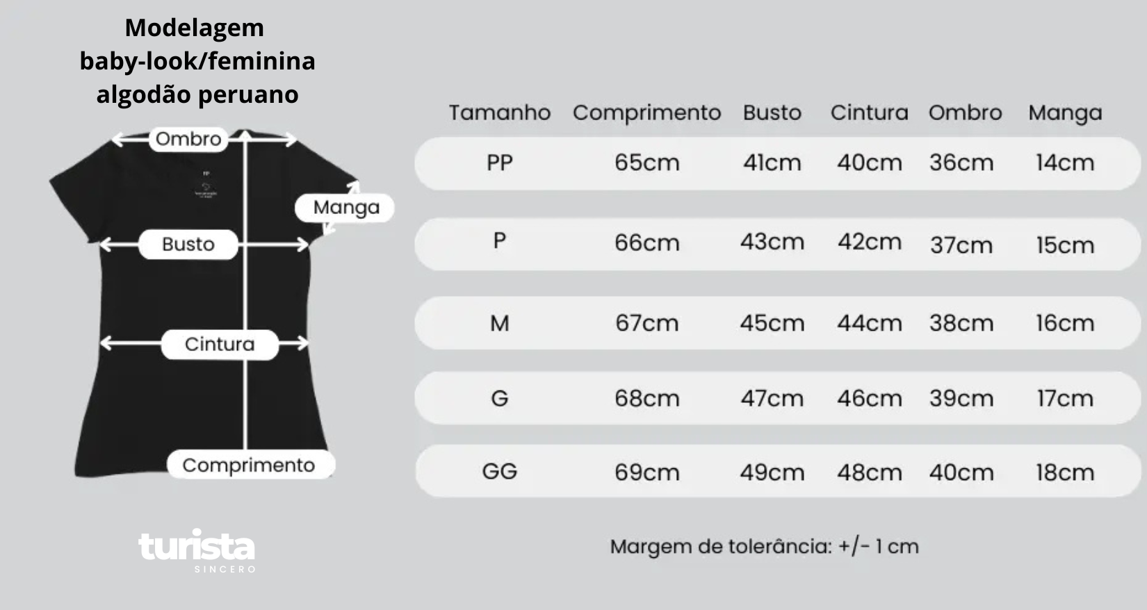 Tabela de medidas da camiseta baby-look em algodão peruano, feminina, O Turista Sincero.
