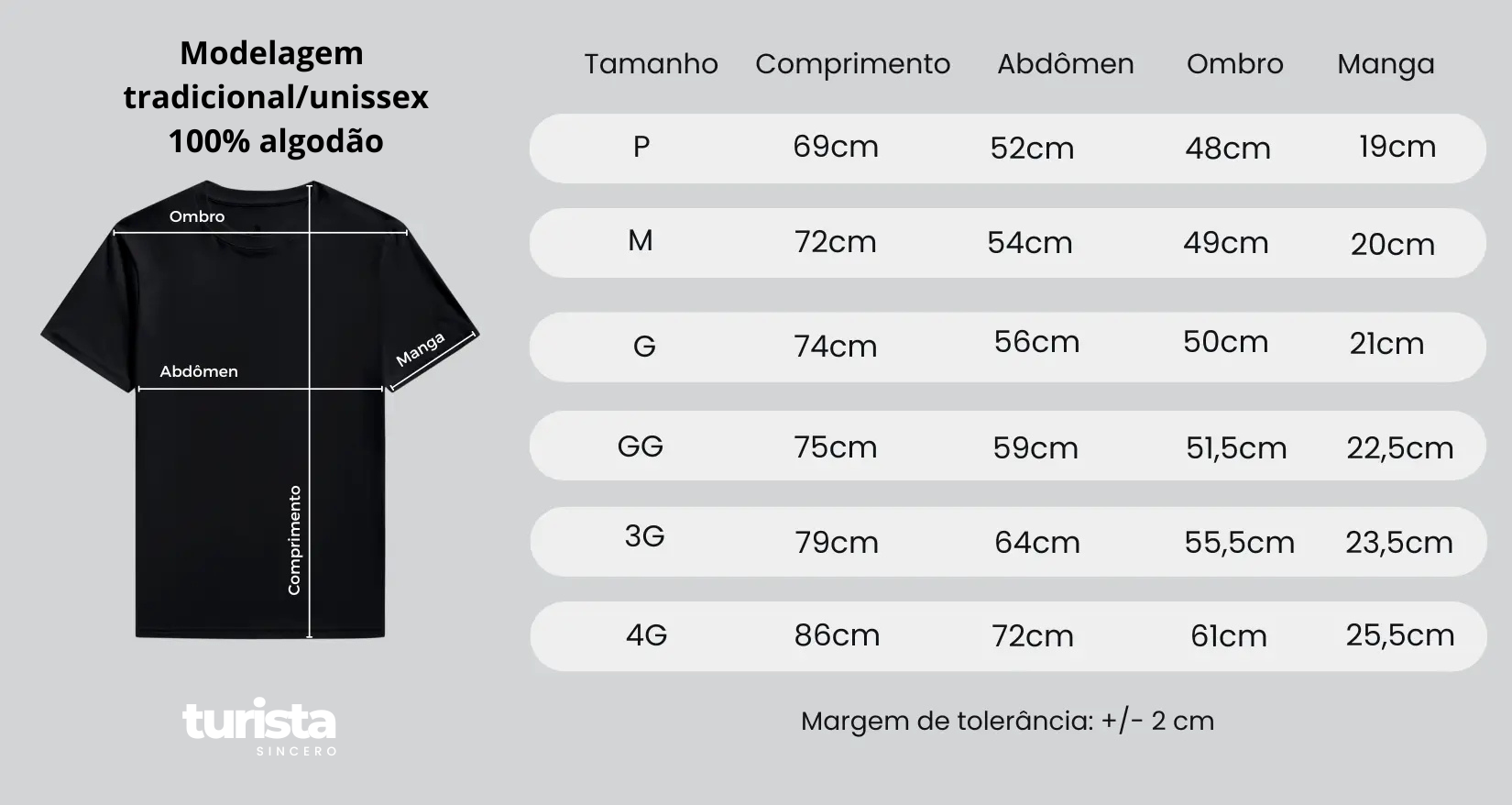 Tabela de medidas camiseta tradicional unissex O Turista Sincero.