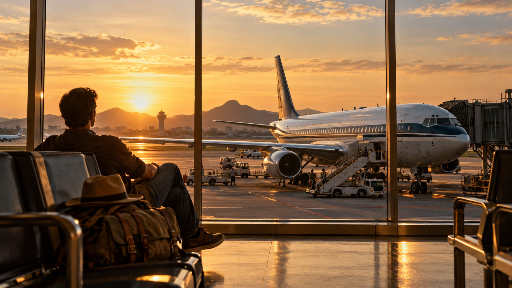 Viajante observa um avião comercial clássico através das janelas de um terminal de aeroporto ao pôr do sol