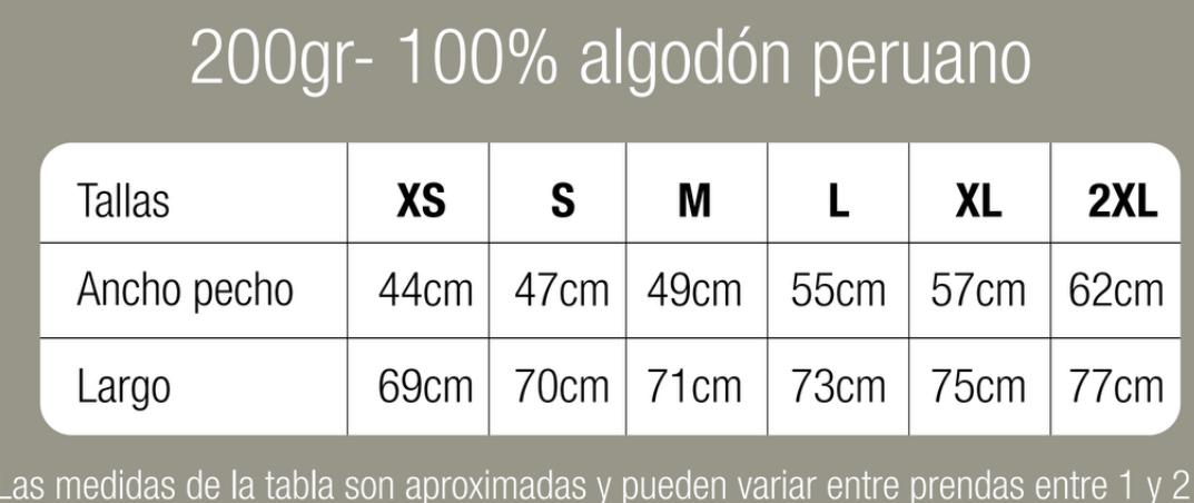 Medidas camiseta algodón peruano