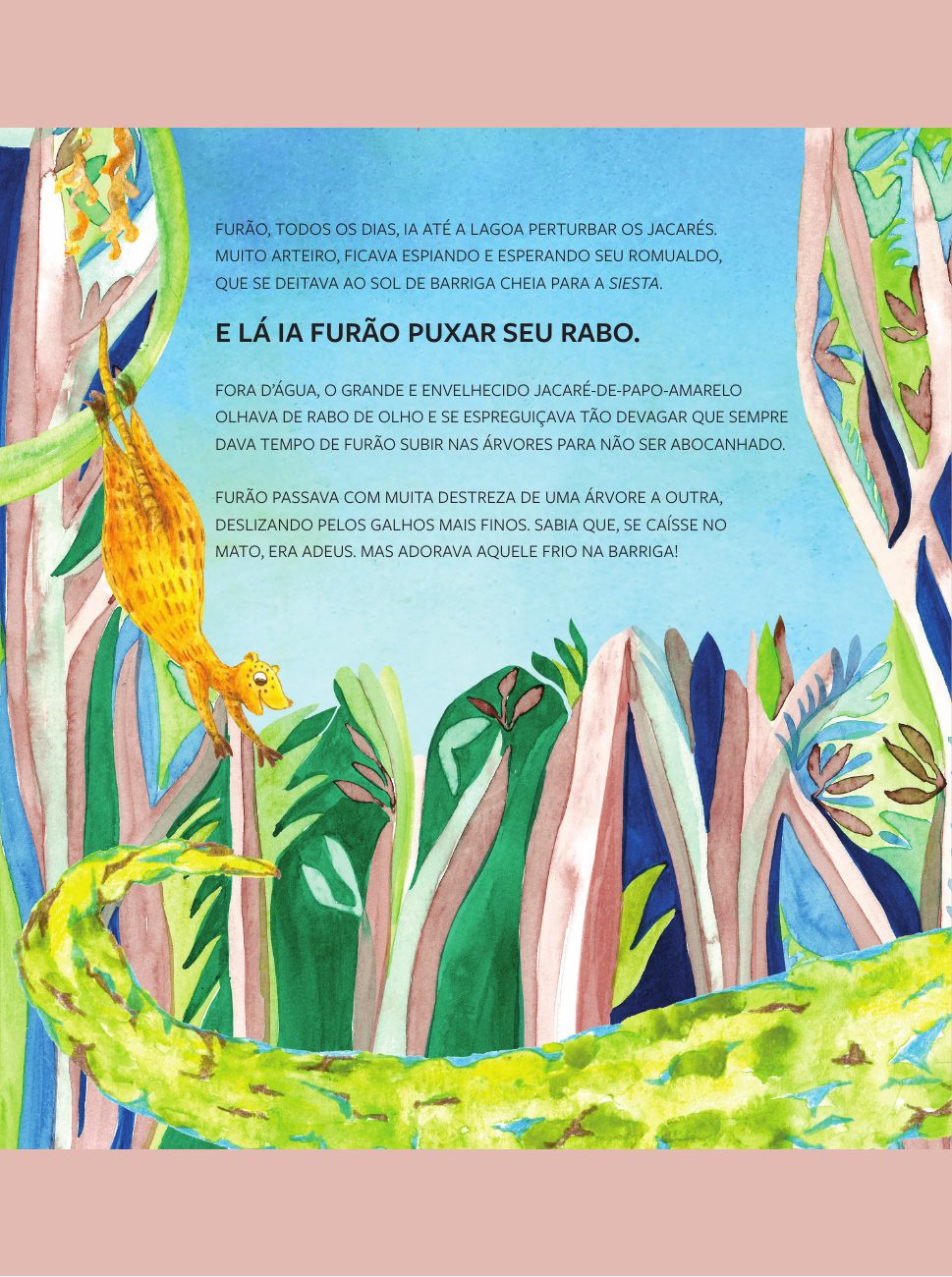 Ilustração em aquarela do Furão entre árvores do Pantanal