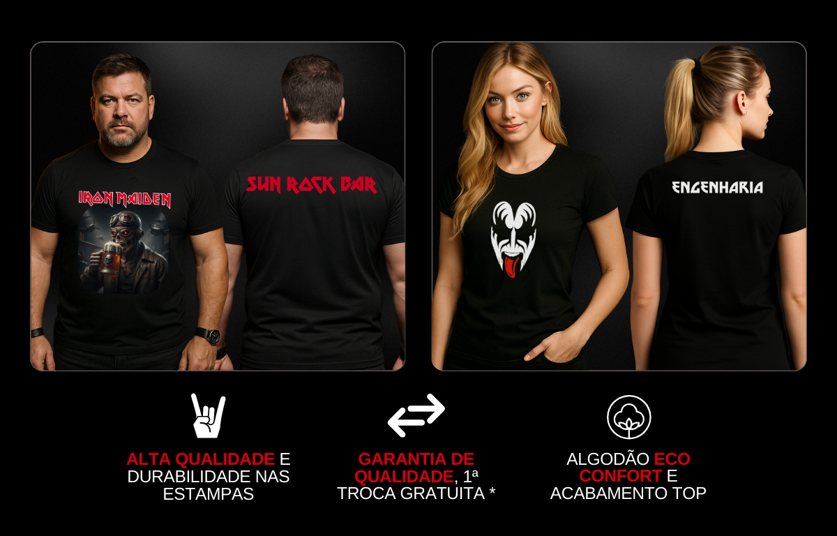 Camisetas de rock com atitude, estilo urbano e personalização exclusiva. Estampas duráveis, feitas para quem vive o rock de verdade.