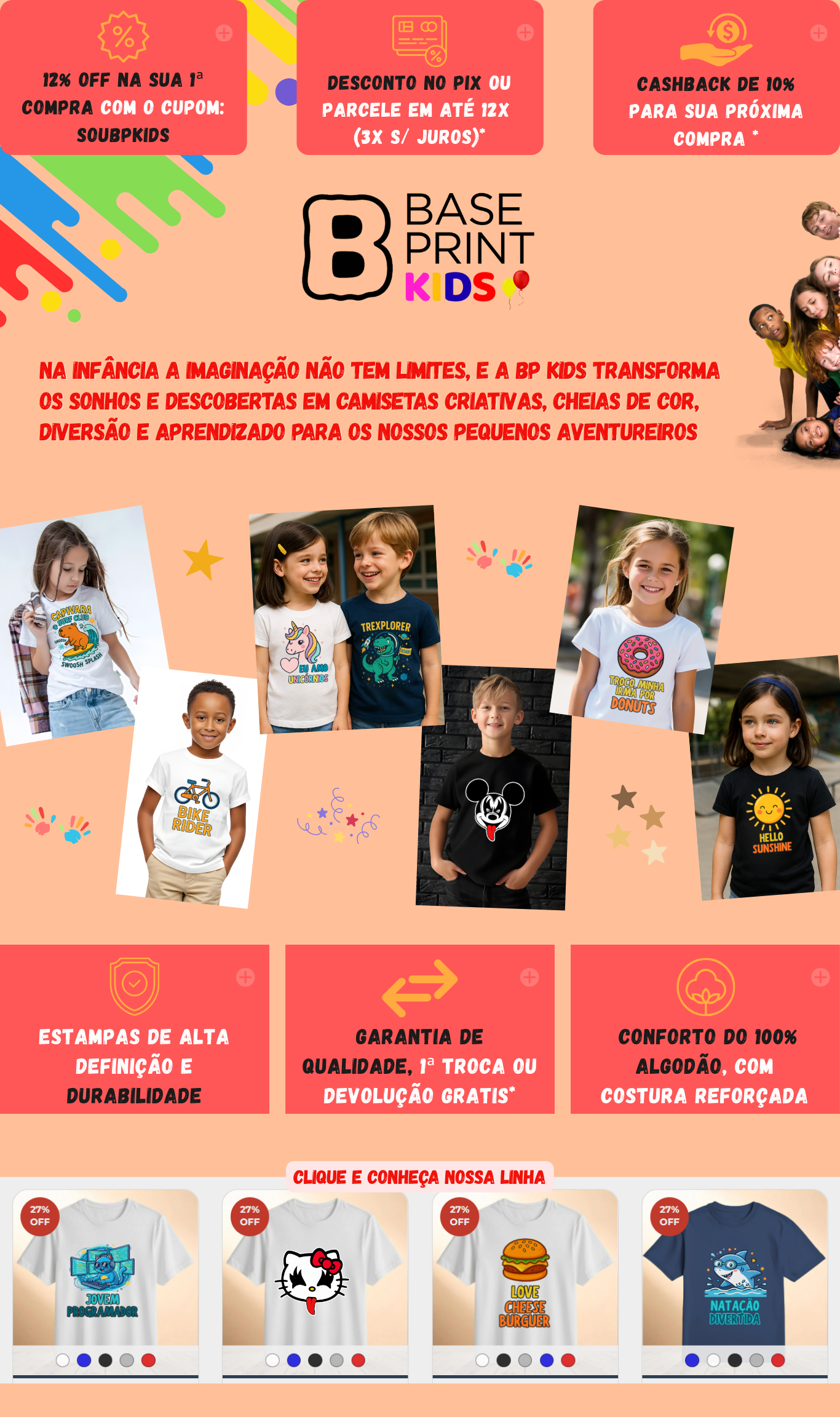 Estampas de natureza, animais e aventuras selvagens. Camisetas infantis criativas, divertidas e confortáveis em 100% algodão.