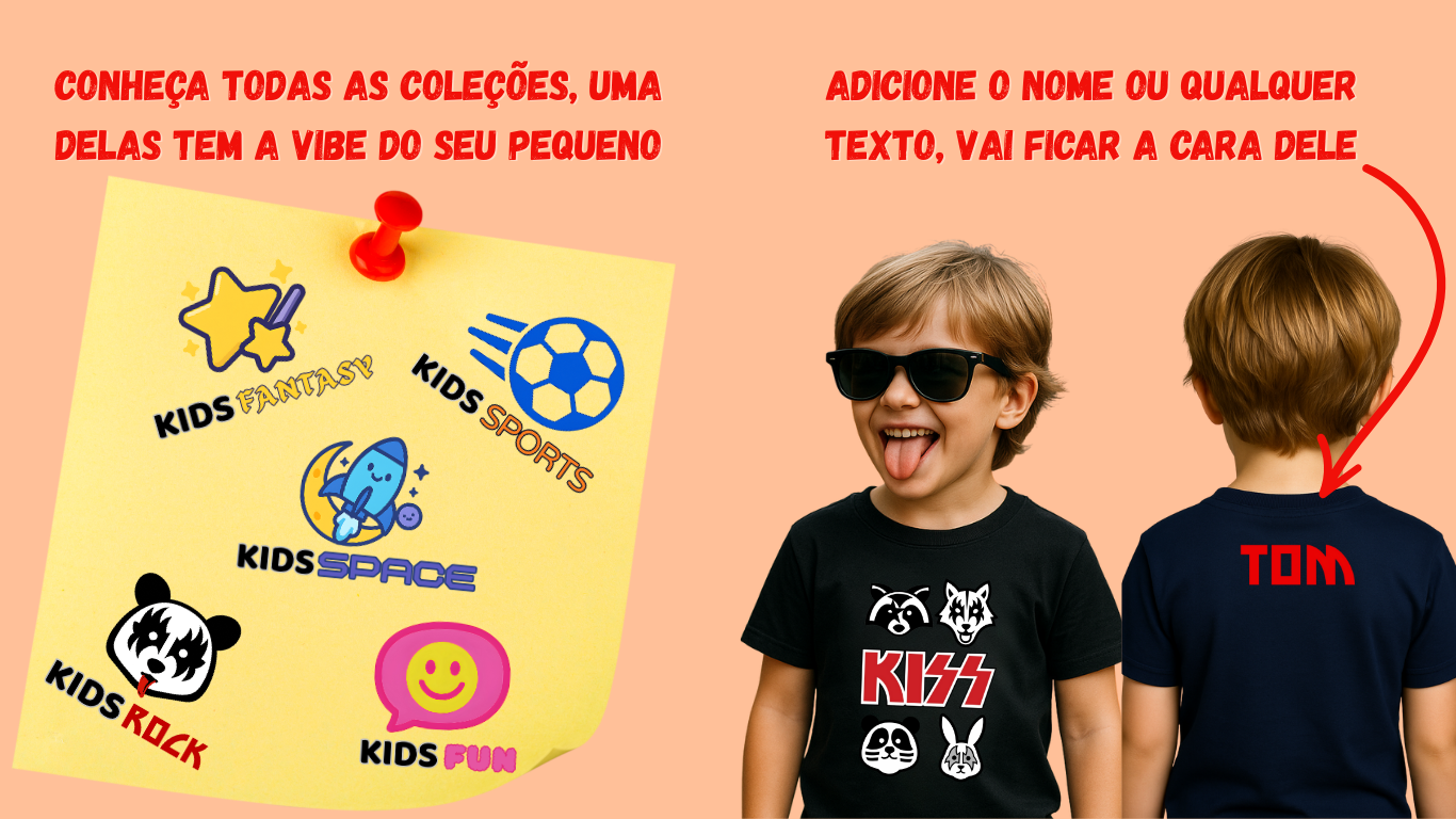 Estampas de natureza, animais e aventuras selvagens. Camisetas infantis criativas, divertidas e confortáveis em 100% algodão.